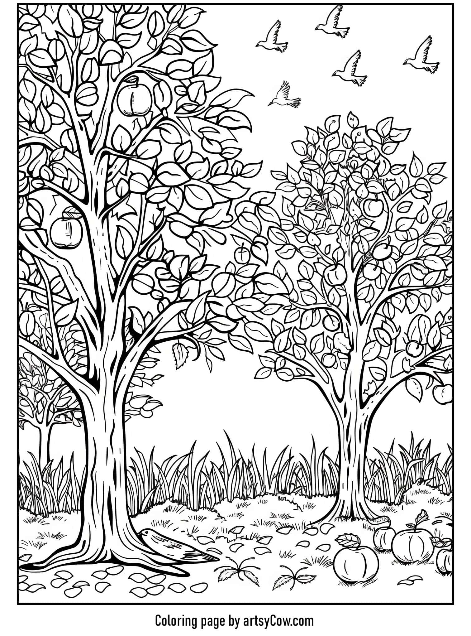 two large fruit trees surrounded by grass, with apples scattered on the ground and several birds flying overhead